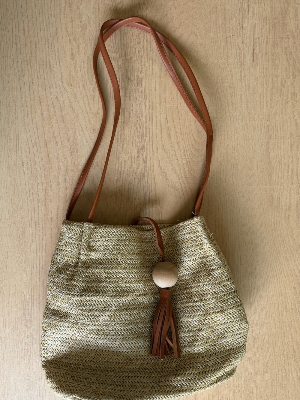 a new day Cream Straw Shoulder Bag with Tan Strap and Tassel